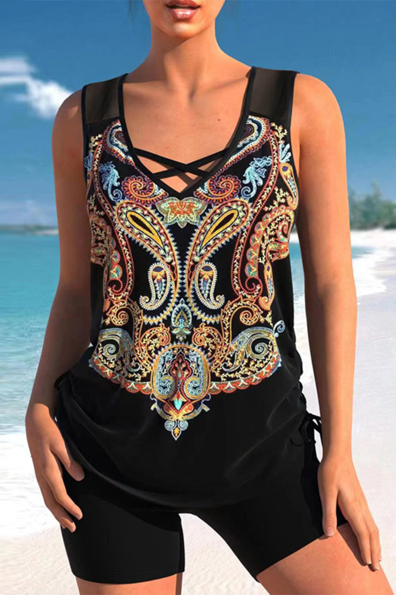 Women's Black Bohemia Print Tankini Set with Side Slit