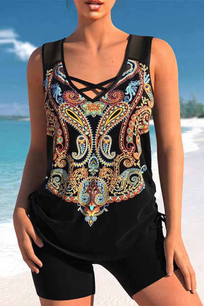 Women's Black Bohemia Print Tankini Set with Side Slit