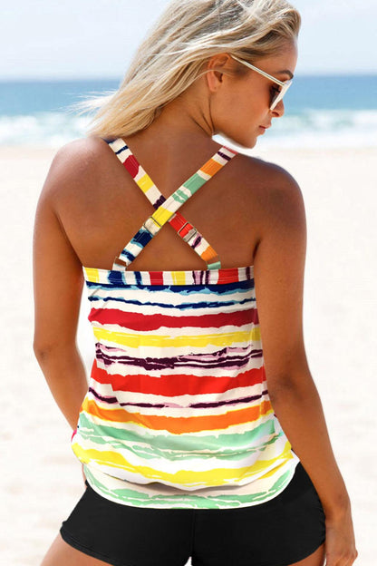 Criss Cross Back Rainbow Color Wide Strap Tankini Set