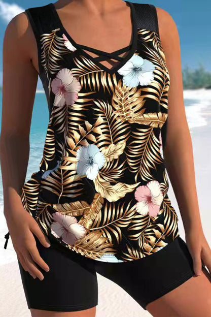 Women's Black Leaves Print Tankini Set with Side Slit