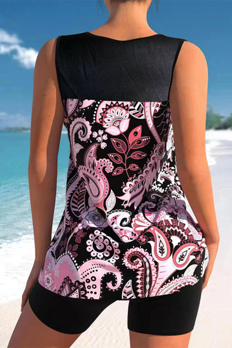 Women's Black Vintage Print Tankini Set with Side Slit