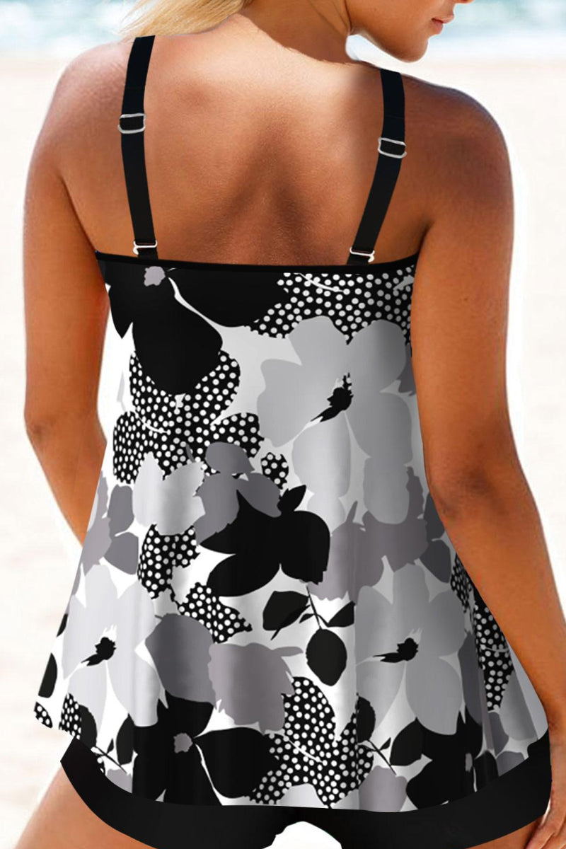 Black Floral Print Double Straps Tankini Set