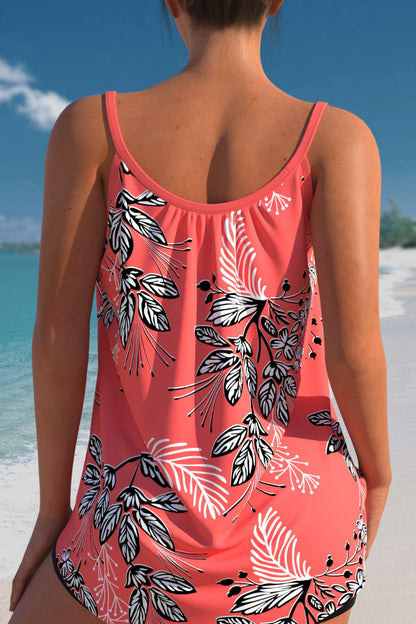 Leaf Print Coral Red Bowknot Tankini Set