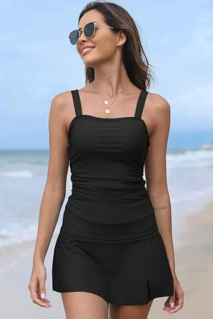 Black Square Neck Ruched Skirted Bottom Tankini Set