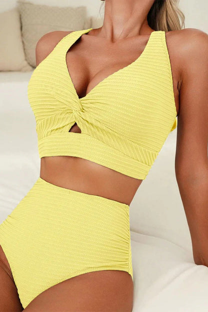 Textured Knot-Front High-Waisted Bikini Set