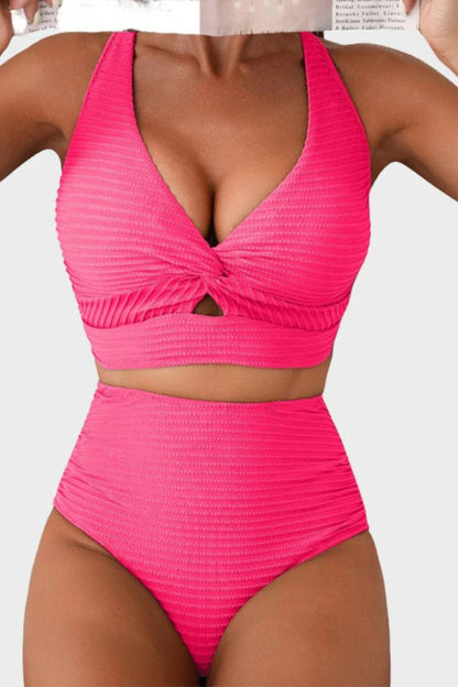 Textured Knot-Front High-Waisted Bikini Set