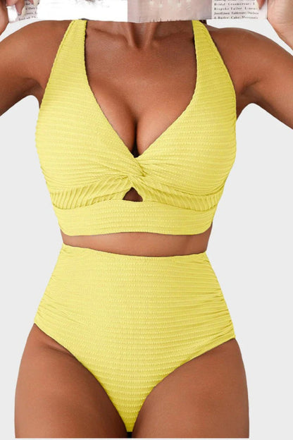 Textured Knot-Front High-Waisted Bikini Set