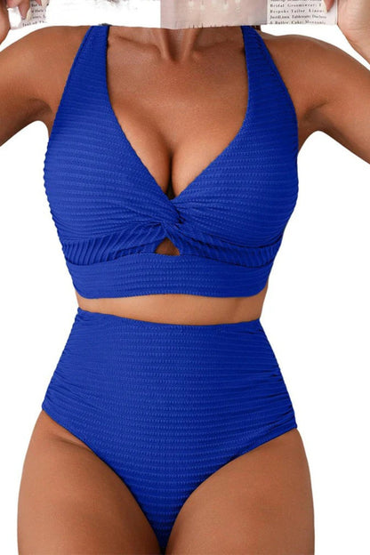 Textured Knot-Front High-Waisted Bikini Set