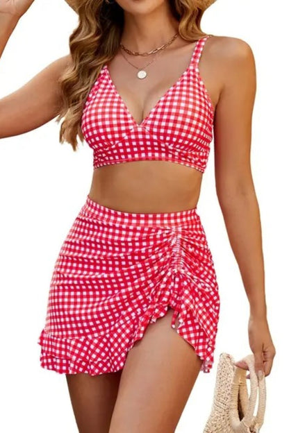 Red Checked Tummy Control Bikini Top & Swim Skirt Set