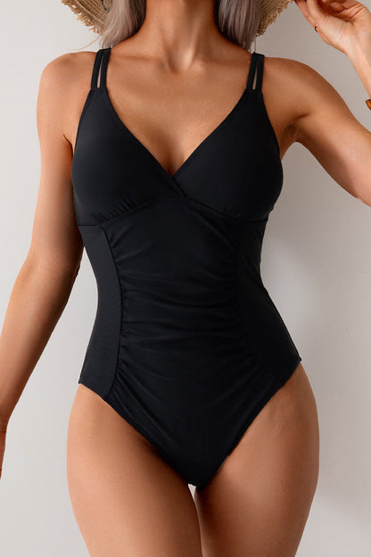 Classic Black/Red Plunge V Neck One-Piece Swimsuit
