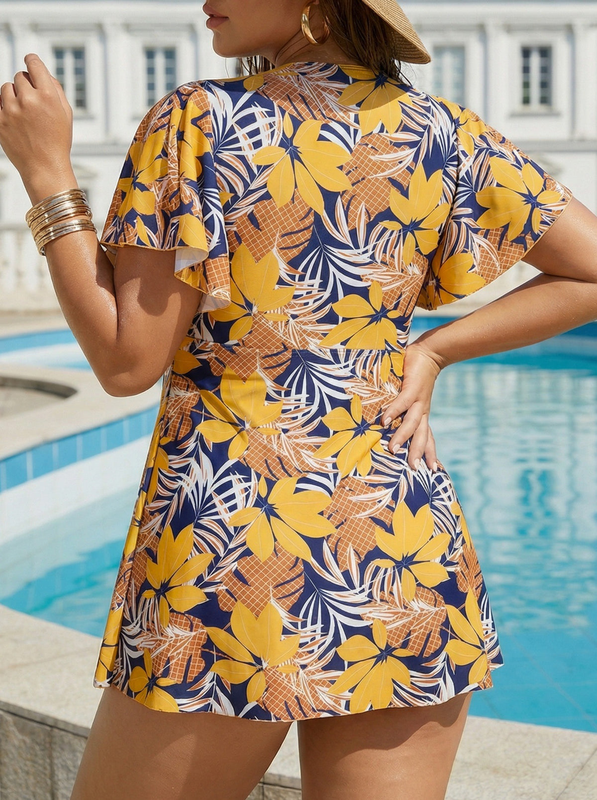Plus Size Yellow Floral Pattern V-Neck Drawstring Flutter Sleeve Swim Dress and Bike Shorts