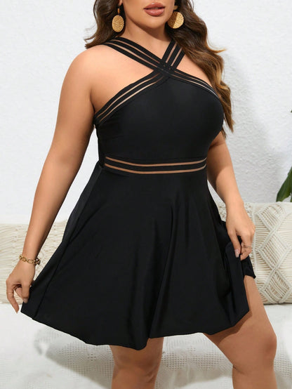Plus Size Solid Black Crisscross Halter Mesh Swim Dress