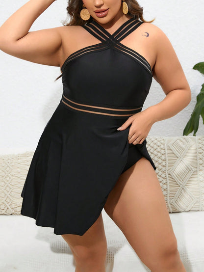 Plus Size Solid Black Crisscross Halter Mesh Swim Dress