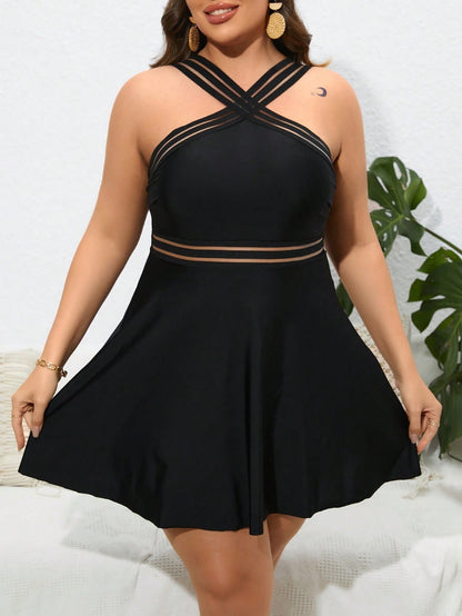 Plus Size Solid Black Crisscross Halter Mesh Swim Dress
