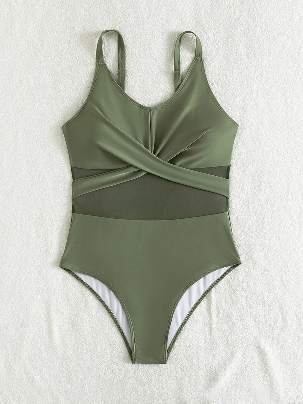 Plus Size Green Cross Front Mesh One-Piece Swimsuit