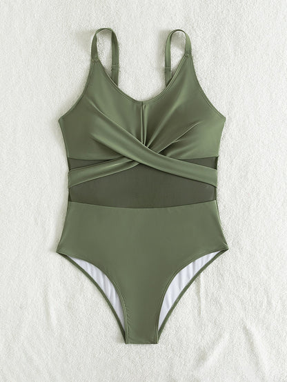 Plus Size Green Cross Front Mesh One-Piece Swimsuit