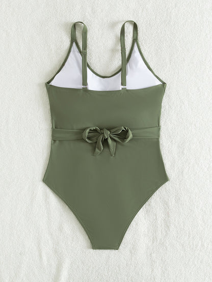 Plus Size Green Cross Front Mesh One-Piece Swimsuit