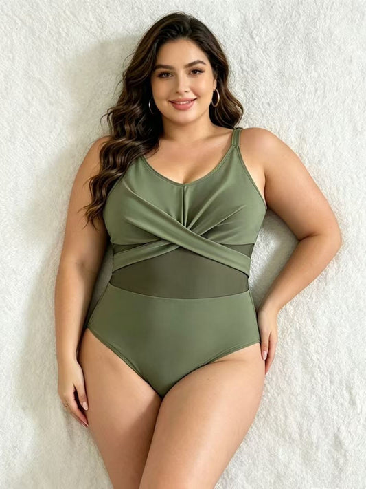 Plus Size Green Cross Front Mesh One-Piece Swimsuit