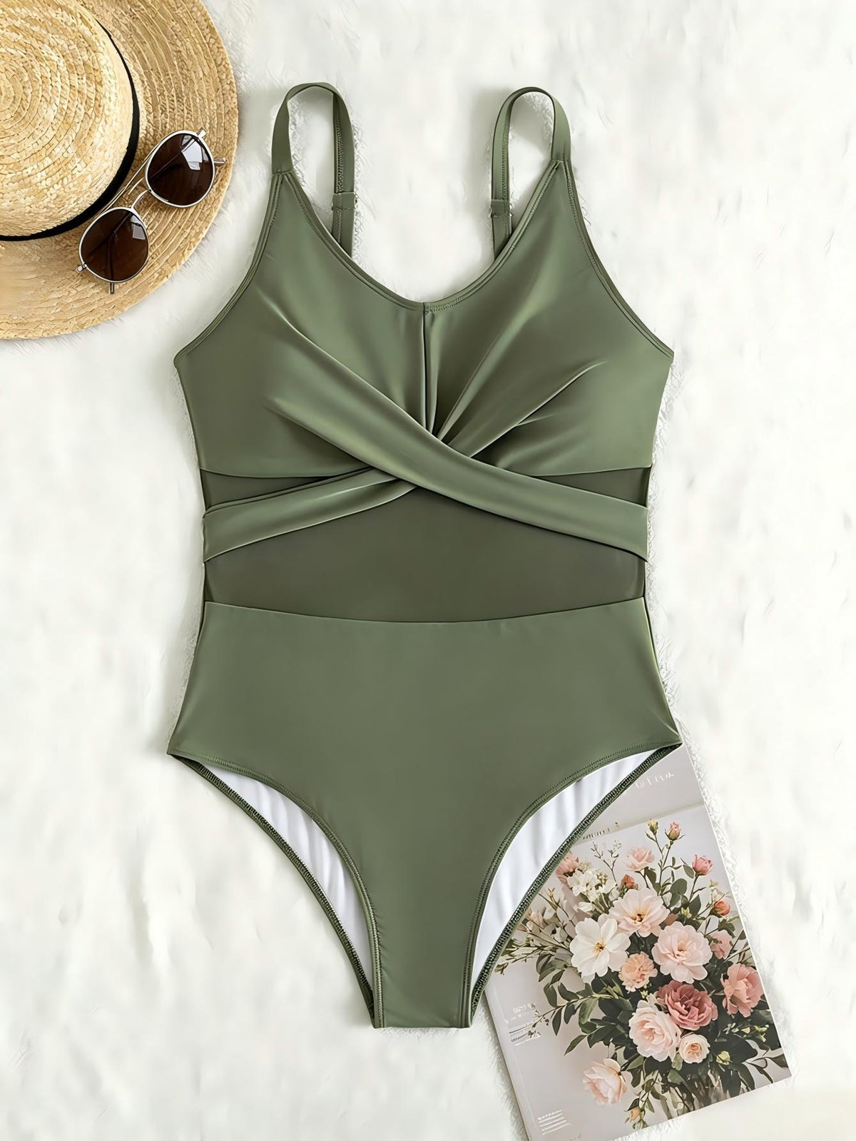 Plus Size Green Cross Front Mesh One-Piece Swimsuit