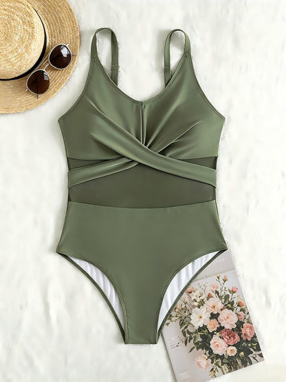 Plus Size Green Cross Front Mesh One-Piece Swimsuit
