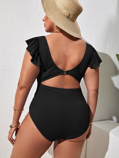Plus Size Solid Black V-Neck Flutter Sleeve One-Piece Swimsuit