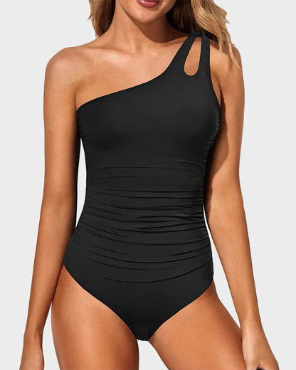 Solid Color One Shoulder One Piece Swimsuit for Women Tummy Control Bathing Suits