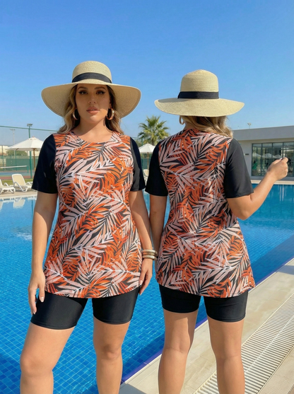 Plus Size Red Leaf Pattern Short-Sleeve Tankini Top and Bike Shorts