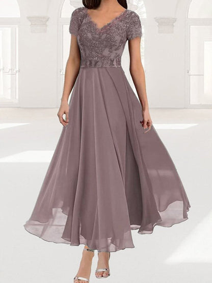 Elegant Plain Lace V-neck Short Sleeve Comfy Dress