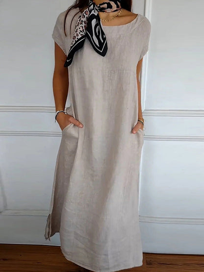 Solid Round Neck Short Sleeve Pocket Dress