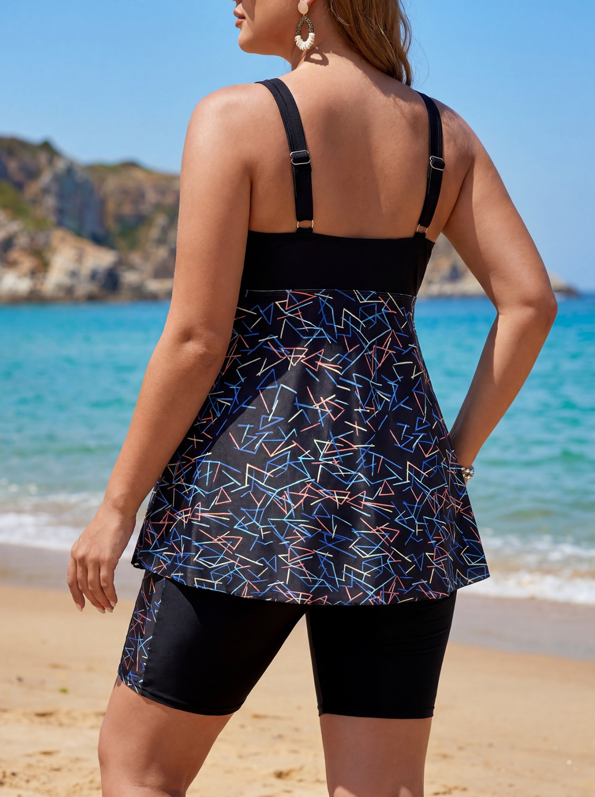 Plus Size Black Geometric Pattern V-Neck Swim Dress and Bike Shorts