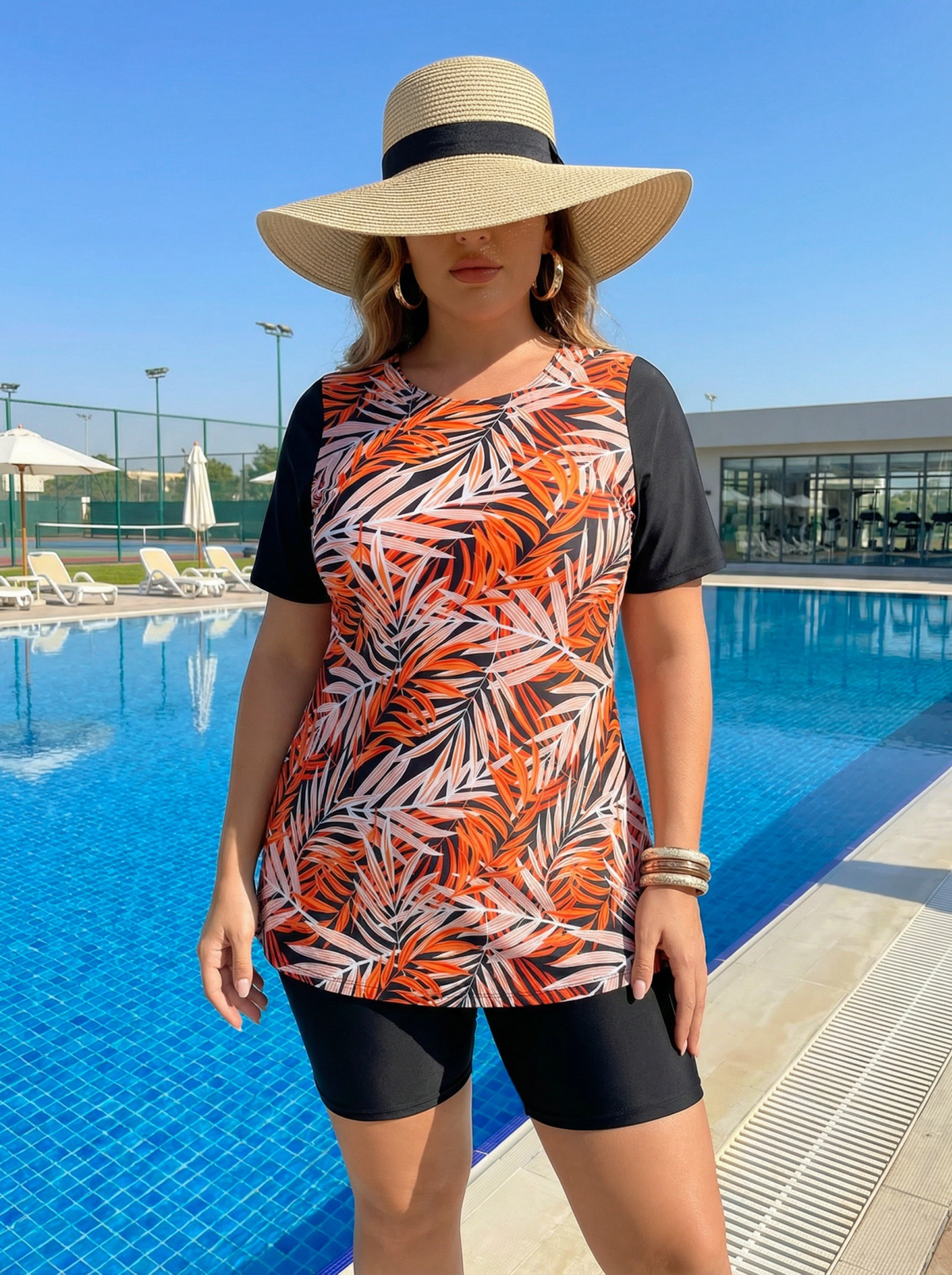 Plus Size Red Leaf Pattern Short-Sleeve Tankini Top and Bike Shorts
