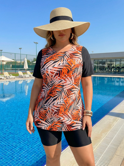 Plus Size Red Leaf Pattern Short-Sleeve Tankini Top and Bike Shorts