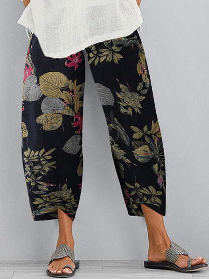 Vintage Floral Printed Elastic Waist Casual Navy Pants