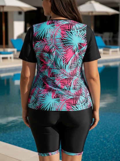 Plus Size Blue Leaf Pattern Short-Sleeve Tankini Top and Bike Shorts
