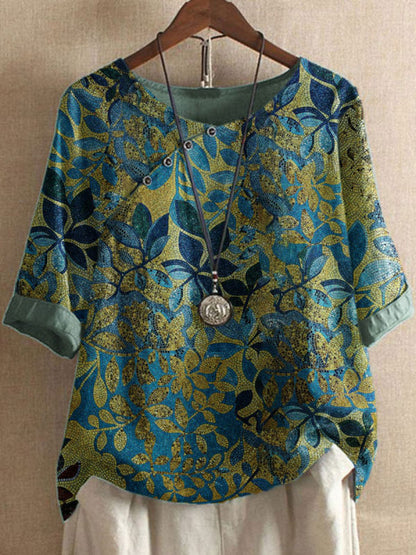 Women's Vintage Leaf Print Half Sleeve Loose Fit Casual Blouse