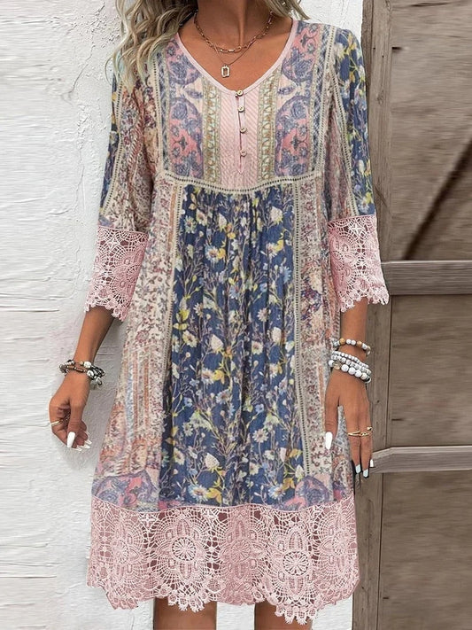 Loose Casual V Neck Ethnic Mini Dress