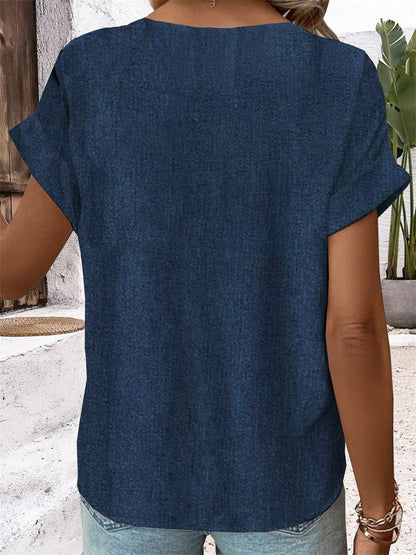 Plain V Neck Buttoned Short Sleeve Blouse