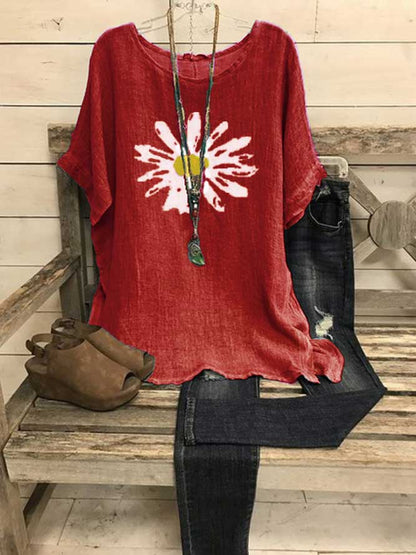 Short Sleeve Crew Neck Shift Sunflower Print Casual Blouse