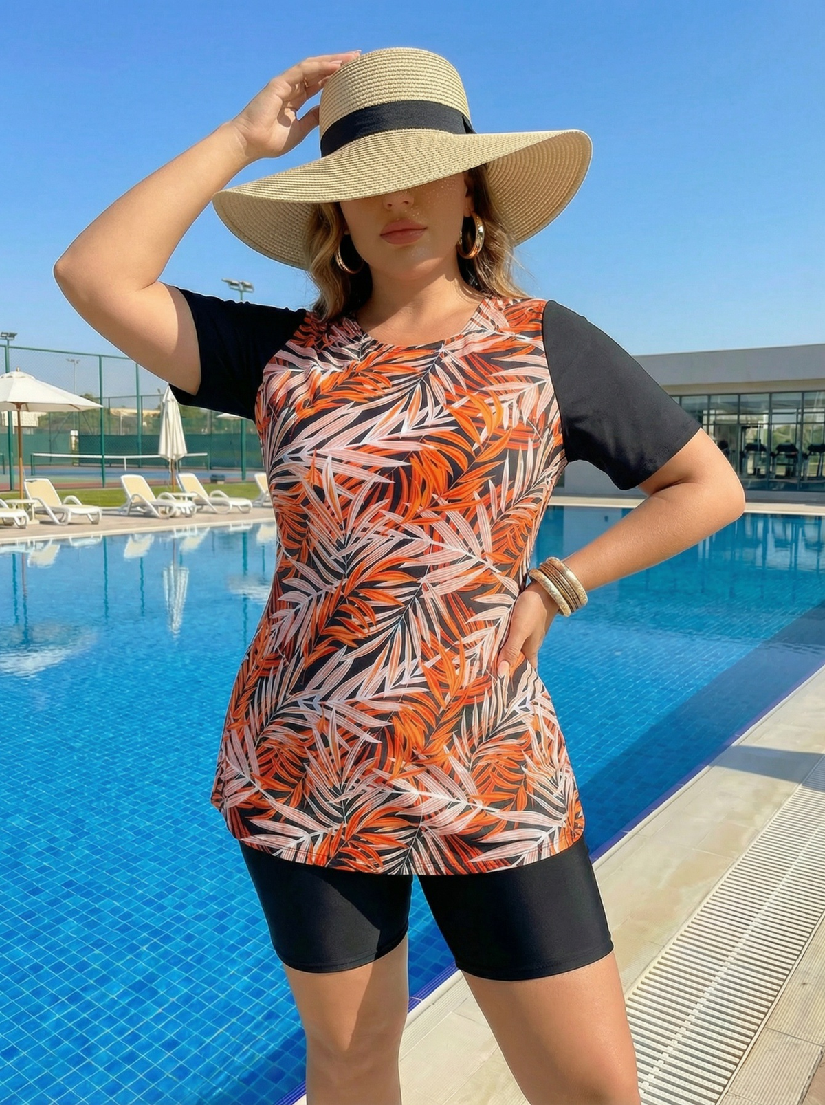 Plus Size Red Leaf Pattern Short-Sleeve Tankini Top and Bike Shorts