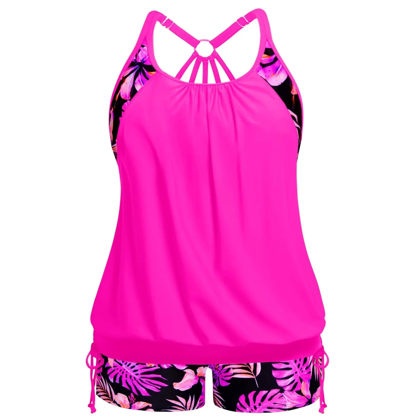 Loose Blouson Top Plus Size Two-Piece Bathing Suit  Women's Relaxed-Fit Tankini Swimwear