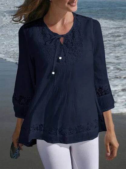 Casual Crew Neck  3/4 Sleeve Lace Shirt