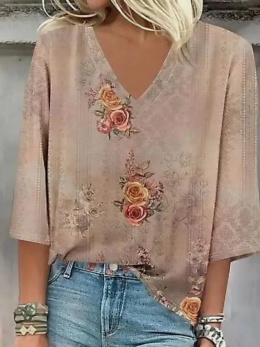 Retro Khaki V-neck 3/4 Sleeve Top