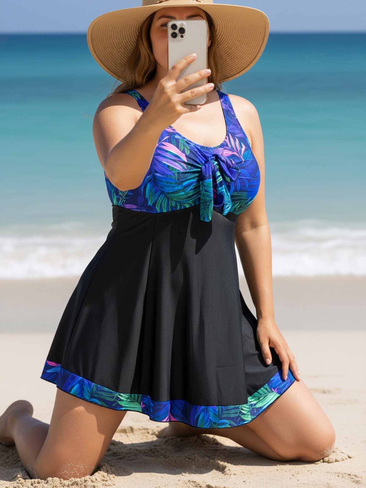 Plus Size Blue Leaf Pattern V-Neck Knotted A-Line Swim Dress and Bike Shorts