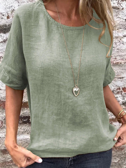 Solid Round Neck Half-Sleeved Blouse