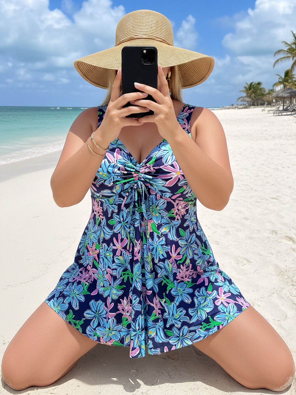 Plus Size Blue Floral Pattern V-Neck Knotted Swim Dress and Bike Shorts
