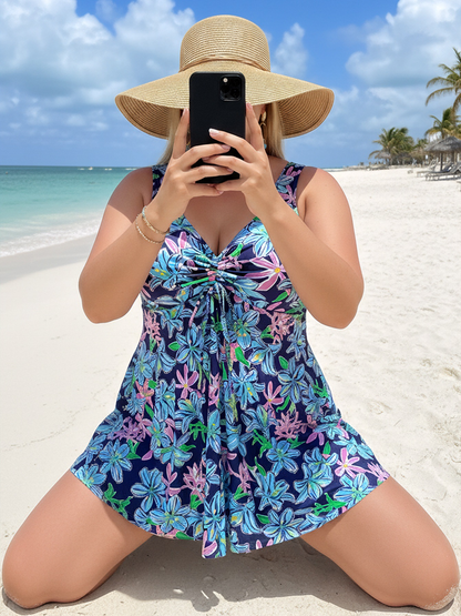 Plus Size Blue Floral Pattern V-Neck Knotted Swim Dress and Bike Shorts