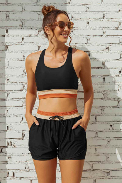 Black Colorblock Zipper Back Sporty Bikini Top with Boy Short Set