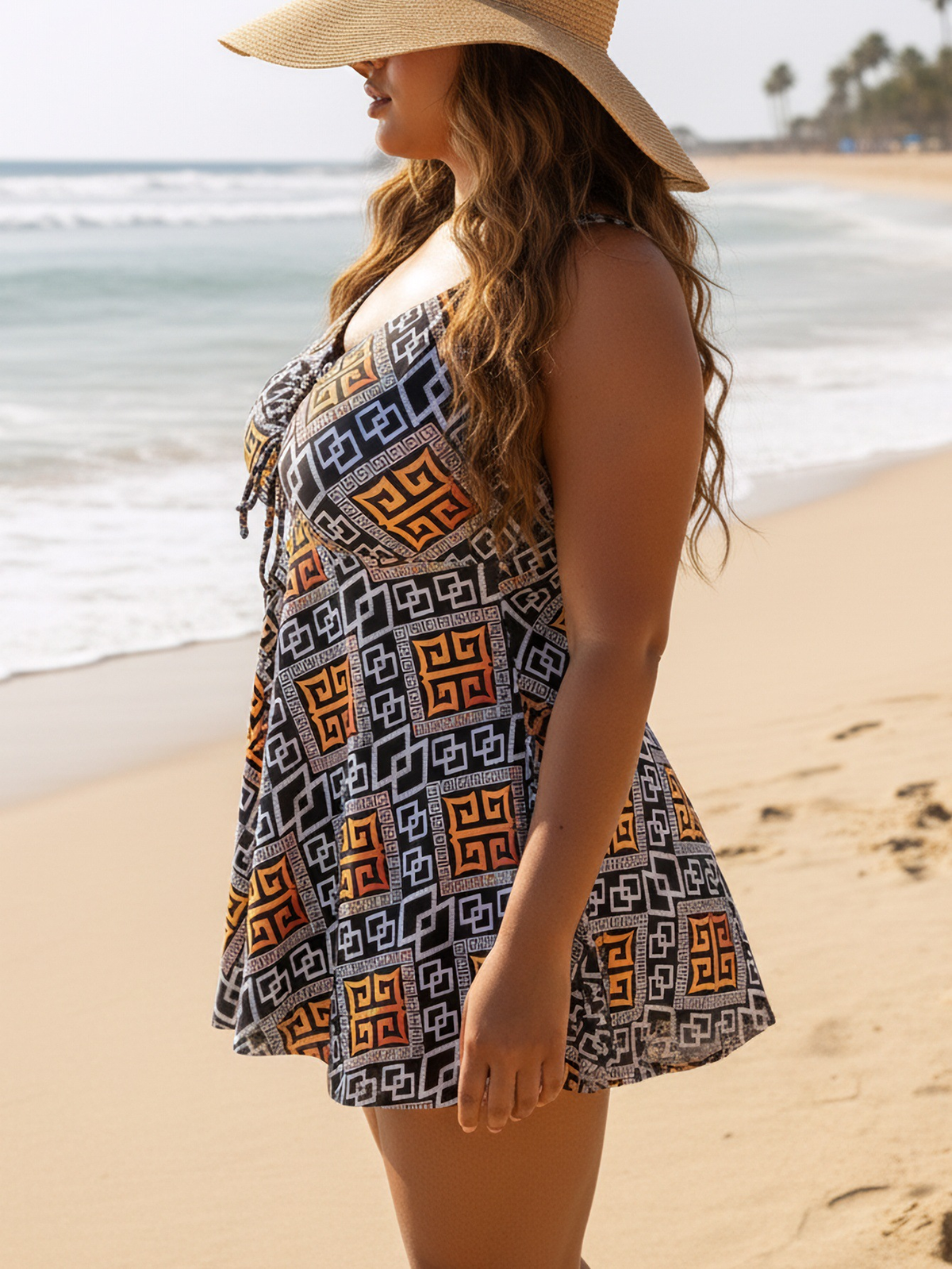 Plus Size Orange Geometric Pattern V-Neck Drawstring Cutout Swim Dress and Bike Shorts
