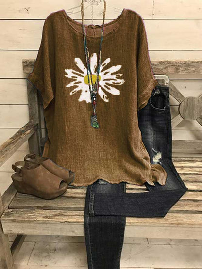 Short Sleeve Crew Neck Shift Sunflower Print Casual Blouse