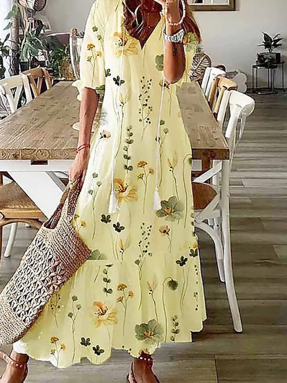 Women’s Floral Print V-Neck Half Sleeve Casual Maxi Dress